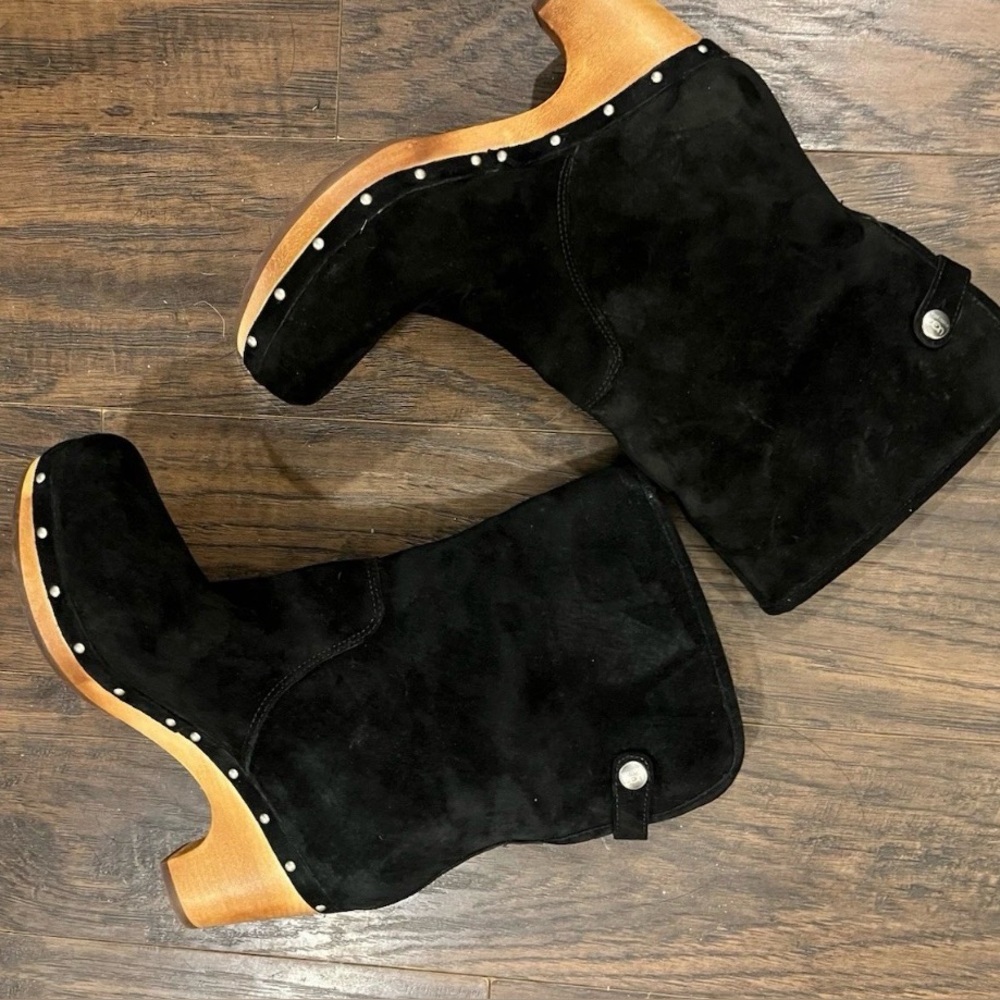 UGG Australia "Lynnea" Black Suede Wood Heeled Mid Calf Clog Boot 7 M